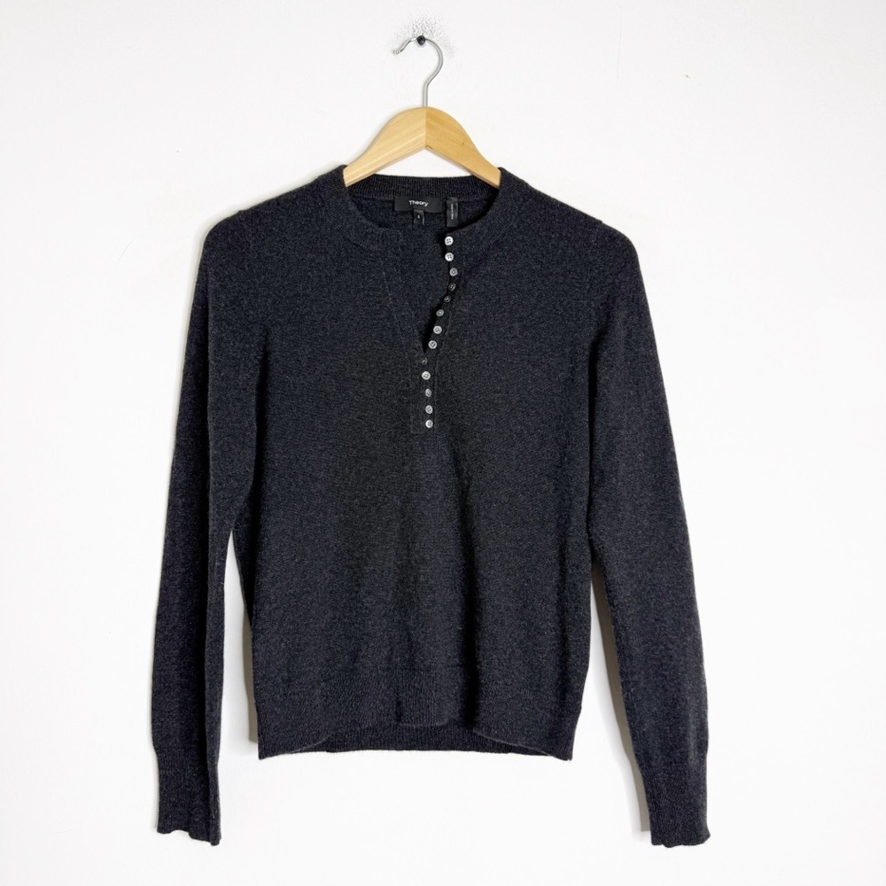 Theory 100% Cashmere Henley Sweater Charcoal Gray Button Neck Size Small